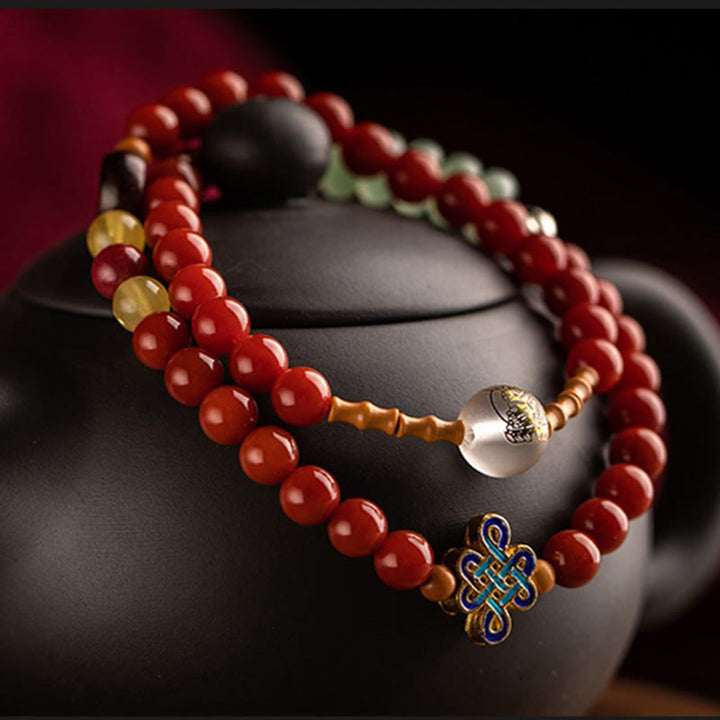 Buddha Stones Zodiaque chinois Bouddha natal Agate rouge Petite feuille Bois de santal rouge Cinabre Amulette Bénédiction Double Bracelet enroulé