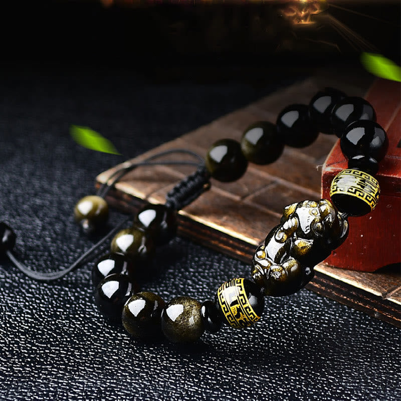 Bracelet tressé en Buddha Stones naturelle dorée et brillante PiXiu Om Mani Padme Hum Wealth