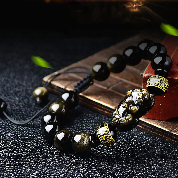 Bracelet tressé en Buddha Stones naturelle dorée et brillante PiXiu Om Mani Padme Hum Wealth