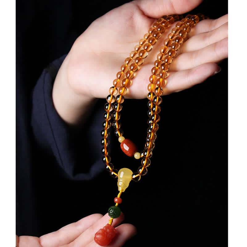 Bracelet à breloques de protection PiXiu en agate rouge avec boucle de paix en ambre et citrine naturelle de 108 perles de Mala - image 24