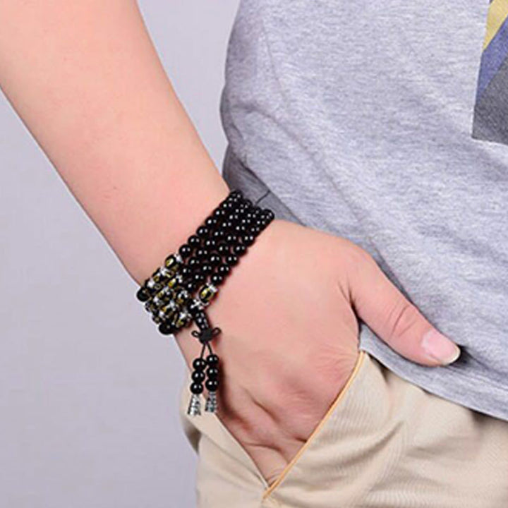 Bracelet Mala de protection en obsidienne noire avec six mots vrais de Buddha Stones