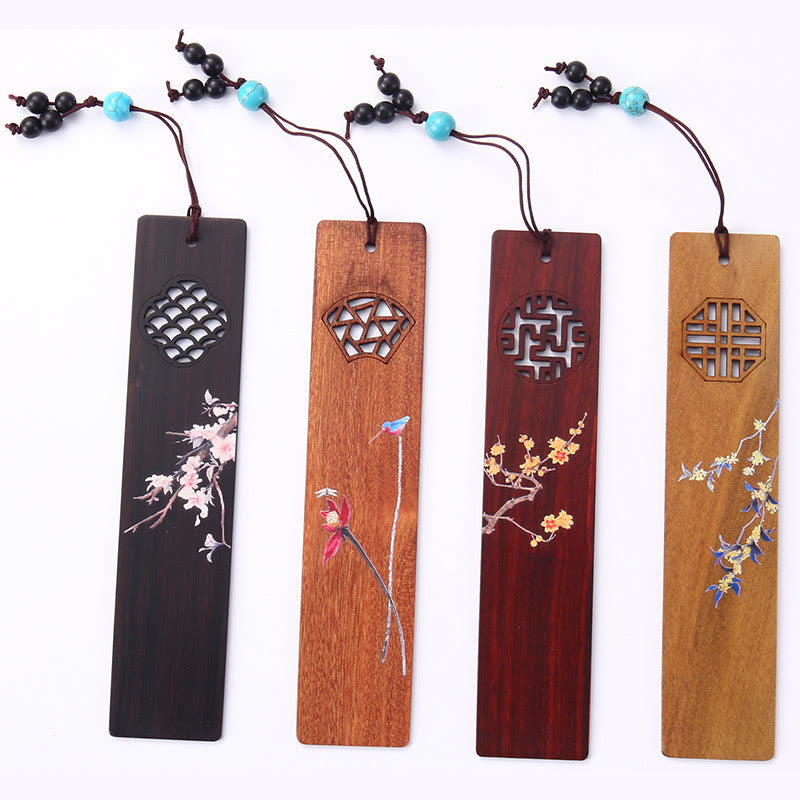Lot de 4 marque-pages en bois avec Buddha Stones , orchidée, prunier, bambou, chrysanthème, masque d'opéra de Pékin, avec boîte cadeau