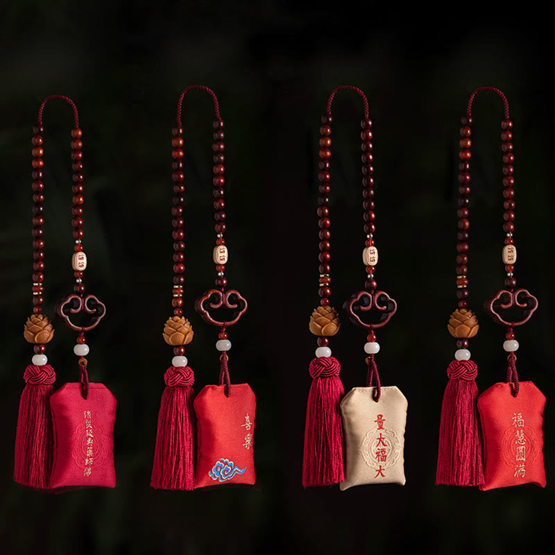 Buddha Stones tibétaines à petites feuilles de bois de santal rouge, lotus, cinabre, sachet de protection, pompon, décoration à suspendre pour voiture