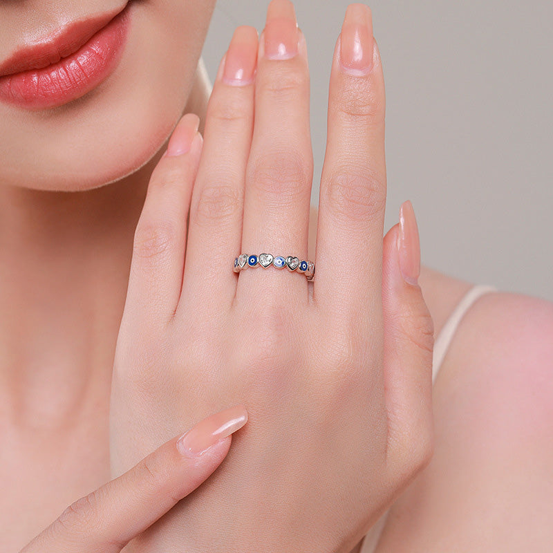 Bague de bénédiction en argent sterling 925 Buddha Stones et cœur en zircon