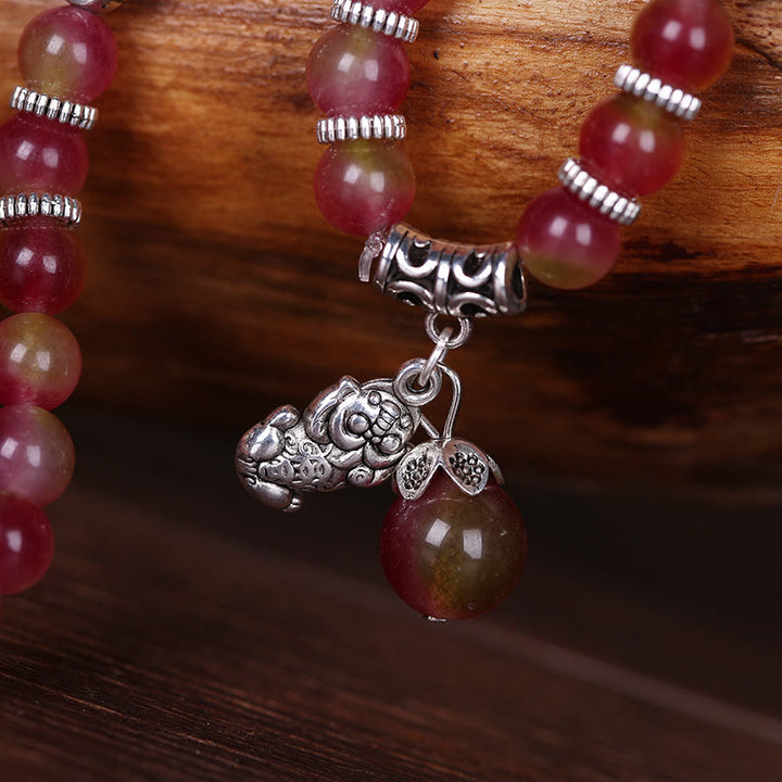 Bracelet triple tour positif en Buddha Stones, tourmaline pastèque naturelle PiXiu Elephant