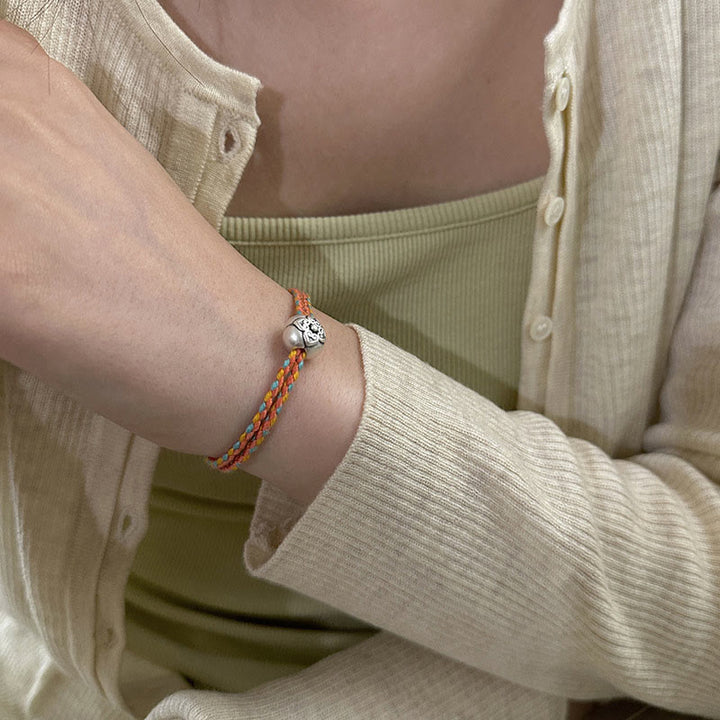 Bracelet tressé multicolore en argent sterling 999 avec pierre porte-bonheur Kaki de Buddha Stones