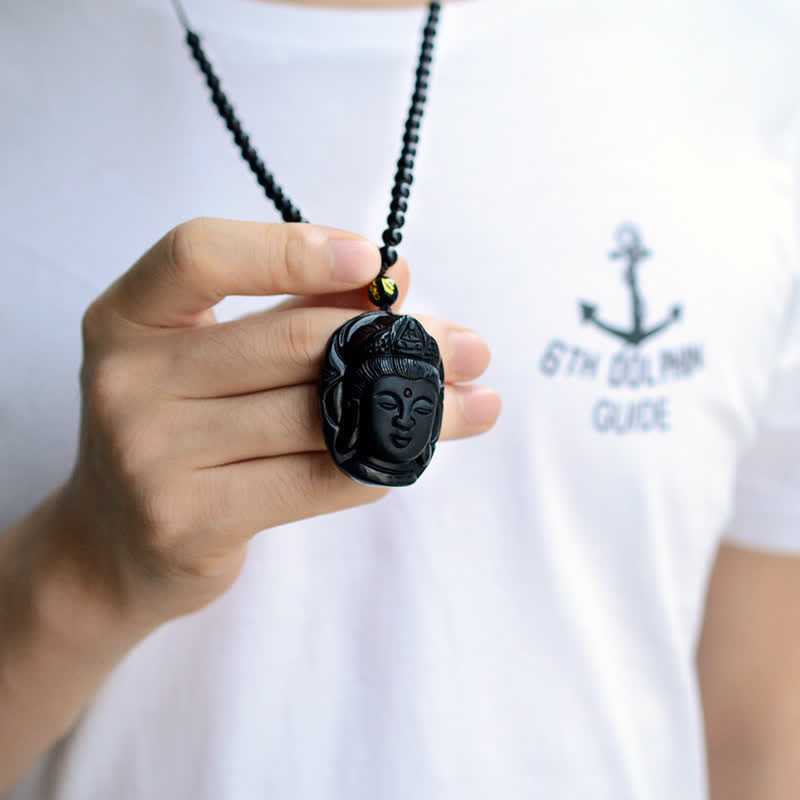 Collier avec pendentif en obsidienne noire naturelle en Buddha Stones Kwan Yin Avalokitesvara - image 5