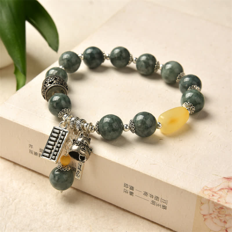 Bracelet de réussite en argent sterling 925 avec chat porte-bonheur en jade cyan et ambre Abacus - Jade Cyan (Succès ♥ Guérison) - image 1
