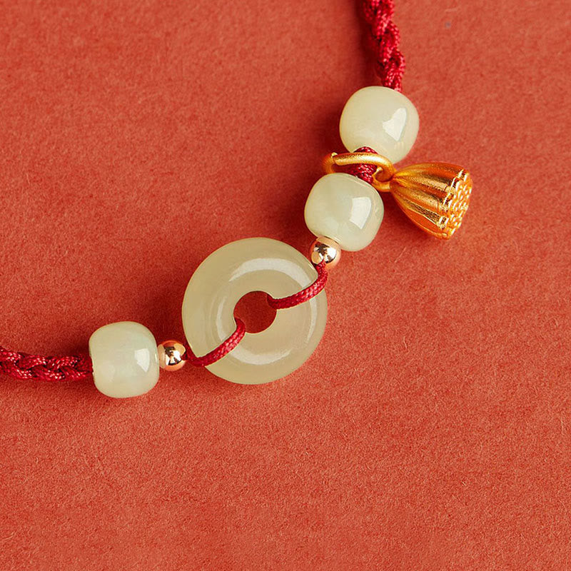 Bracelet en corde avec boucle ronde en Buddha Stones et lotus de jade pour la paix, le bonheur, l'abondance et la richesse