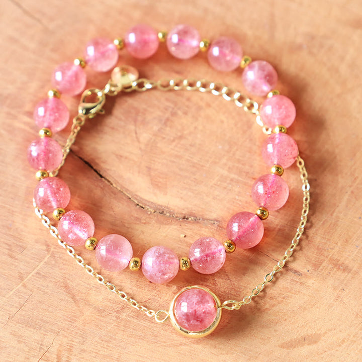 Bracelet positif en cristal de quartz fraise et pierre de soleil Buddha Stones
