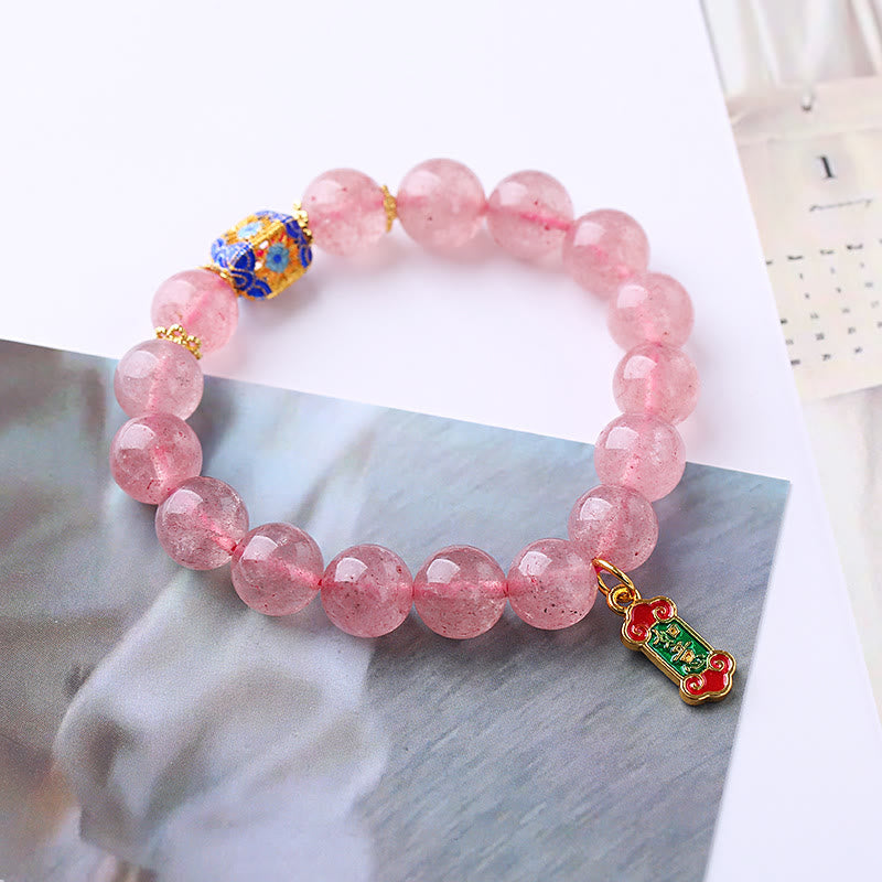 Bracelet à breloques Ruyi positif en quartz fraise et Buddha Stones