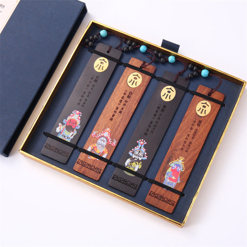 Lot de 4 marque-pages en bois avec Buddha Stones , orchidée, prunier, bambou, chrysanthème, masque d'opéra de Pékin, avec boîte cadeau