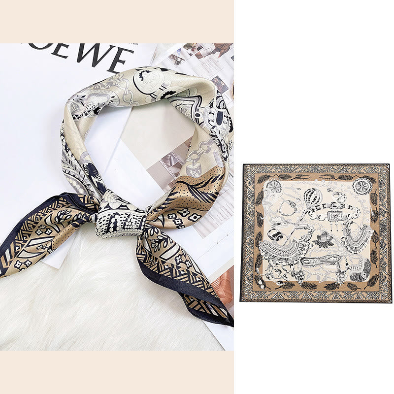Foulard pour cheveux en soie de mûrier 100 % Buddha Stones et scène pastorale en montgolfière