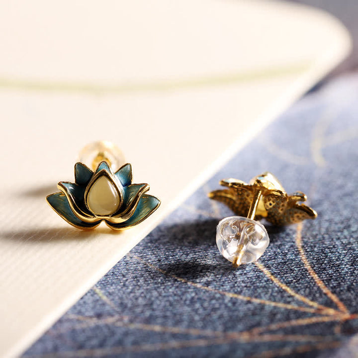 Boucles d'oreilles en argent sterling 925 avec fleur de lotus en jade cyan Hetian