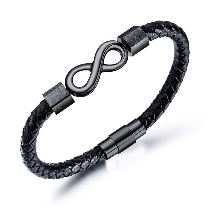 Bracelet d'équilibre en cuir tissé avec nœud sans fin en acier titane et Buddha Stones