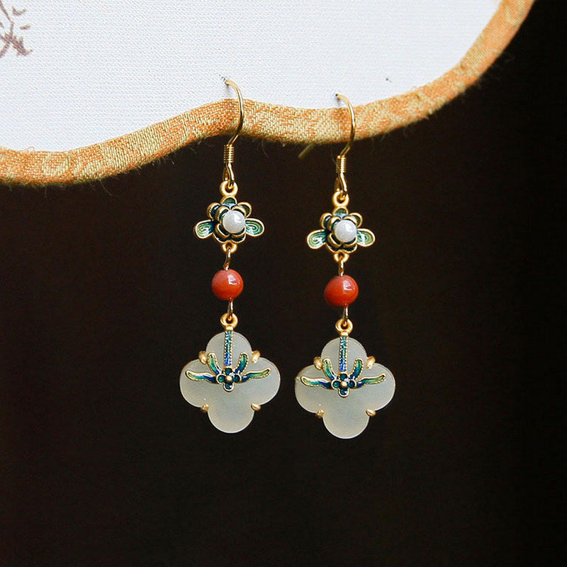 Boucles d'oreilles en cuivre et jade porte-bonheur trèfle à quatre feuilles Buddha Stones