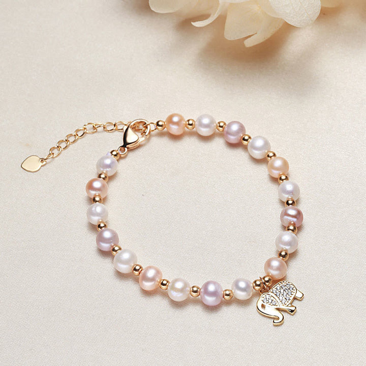 Bracelet de Sincérité Plaqué Or 18K avec Perles et Zircon Éléphant en Buddha Stones