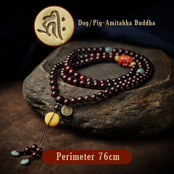 Buddha Stones Zodiaque chinois Bouddha natal 108 perles Mala Petite feuille Bois de santal rouge Agate rouge Bracelet de protection PiXiu