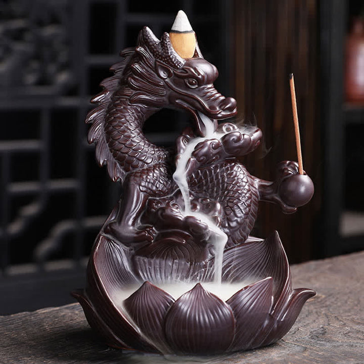 Brûleur d'encens en céramique à motif de dragon et de lotus