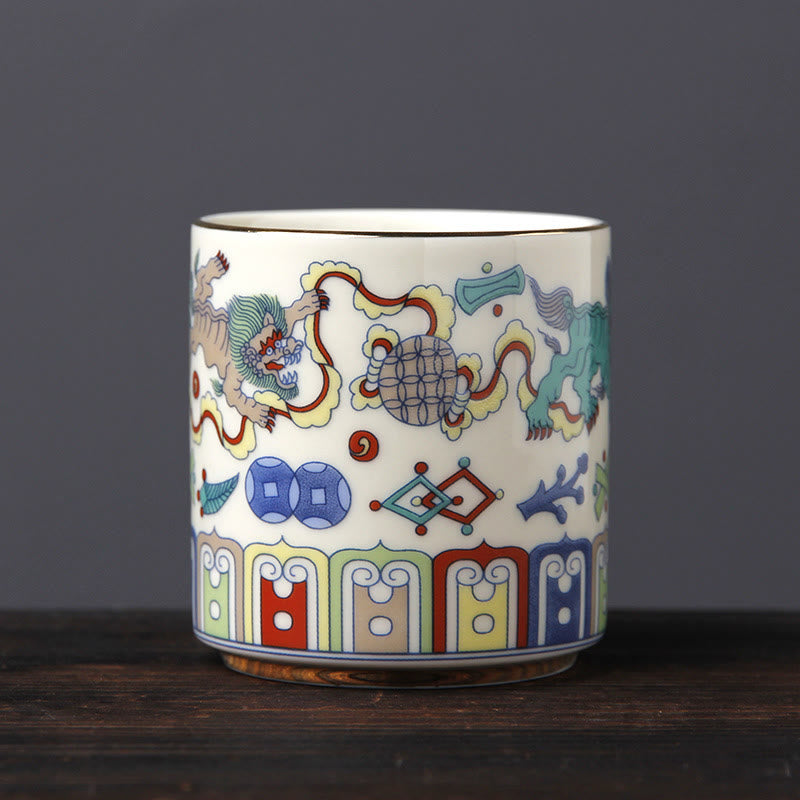 Buddha Stones Vintage Fleur de Prunier Pin Bambou Phénix Kirin Lion Dansant Tasse à Thé en Céramique Tasses à Thé