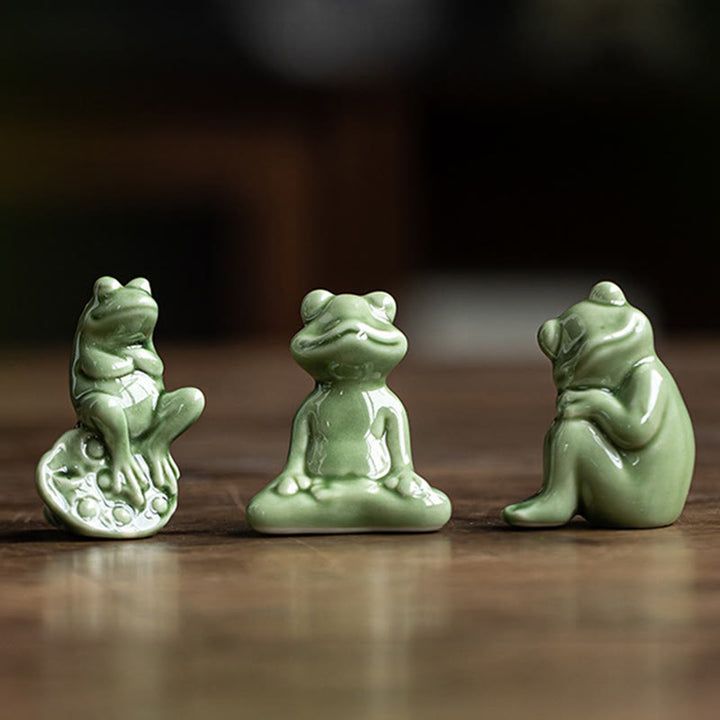 Buddha Stones Mini Petite Méditation Lotus Repos Grenouille Céramique Richesse Chance Maison Thé Animal Figurine Décoration