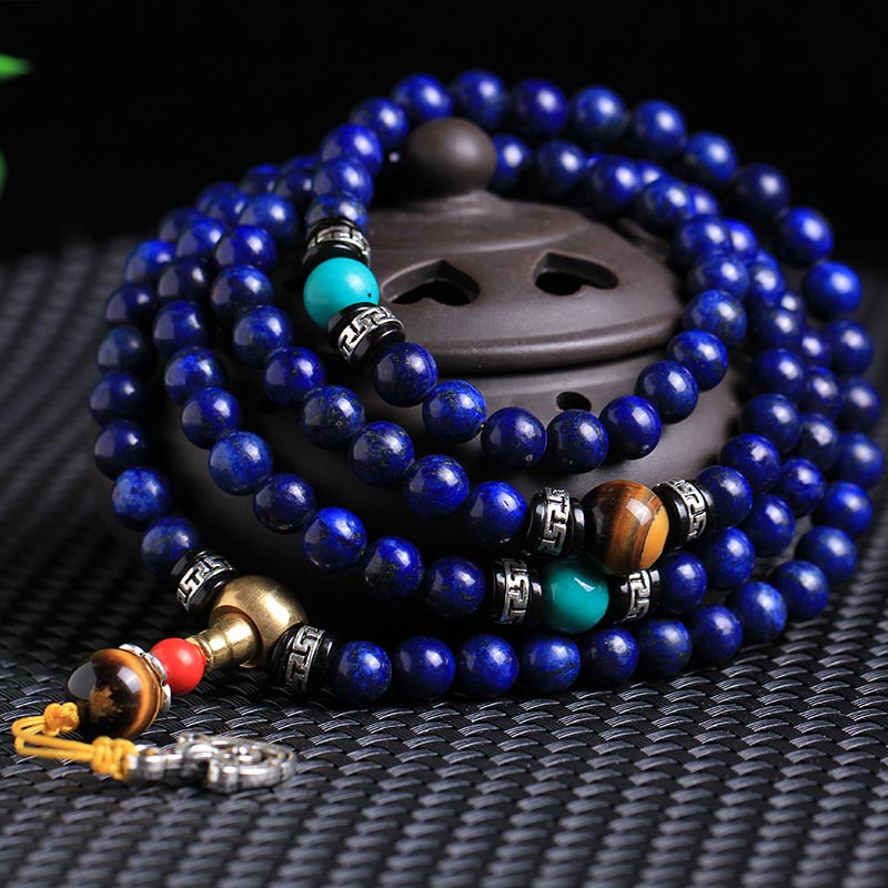 Bracelet mala positif en Buddha Stones, composé de 108 perles de lazurite et de lapis-lazuli. - image 1