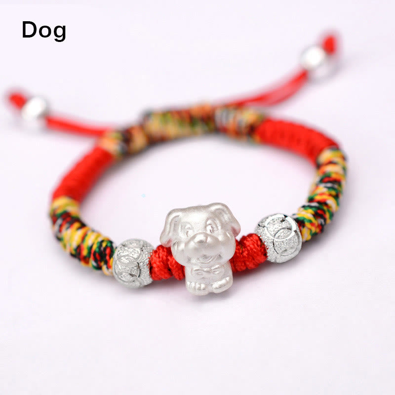 Bracelet pour enfants en argent sterling 999 Buddha Stones et signe du zodiaque chinois, corde rouge, fait à la main - Corde colorée pour chien (taille du bracelet : 12 + 4 cm) - image 24