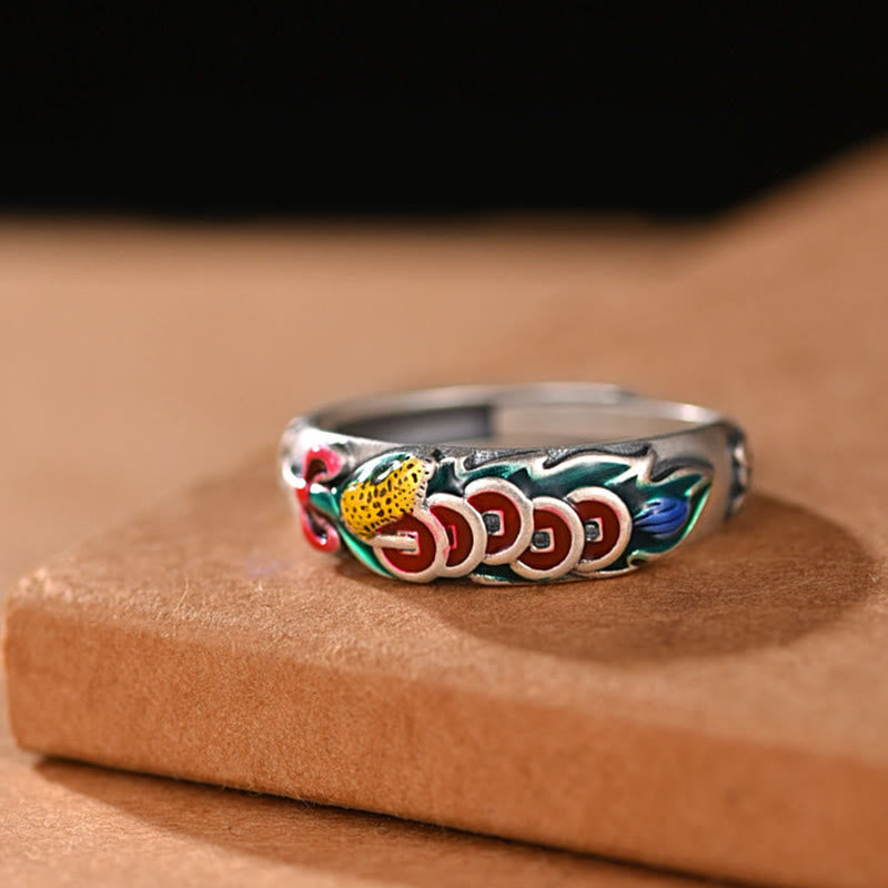 Buddha Stones Bague de richesse Feng Shui Cinq pièces de monnaie de l'empereur