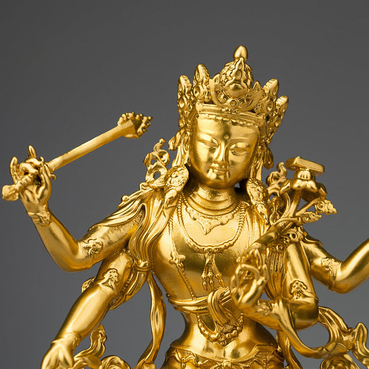 Figurine en or du Bodhisattva Manjusri à quatre bras, statue en cuivre de la compassion et de la sérénité, décoration de la maison