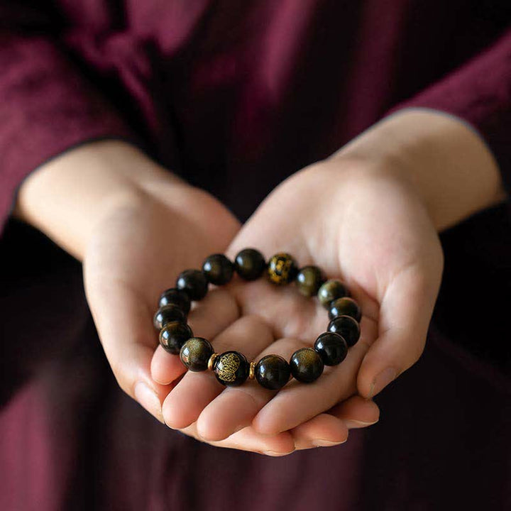 Bracelet de protection de richesse en obsidienne dorée avec Bouddha du zodiaque chinois