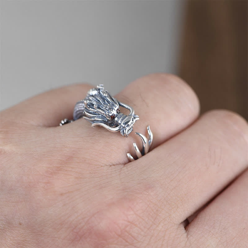 Bague de protection porte-bonheur en argent sterling 925 Buddha Stones et dragon