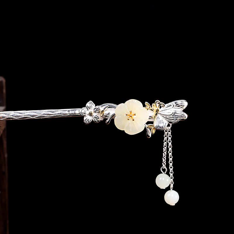 Épingle à cheveux en argent sterling 925 avec fleur de jade blanc Hetian