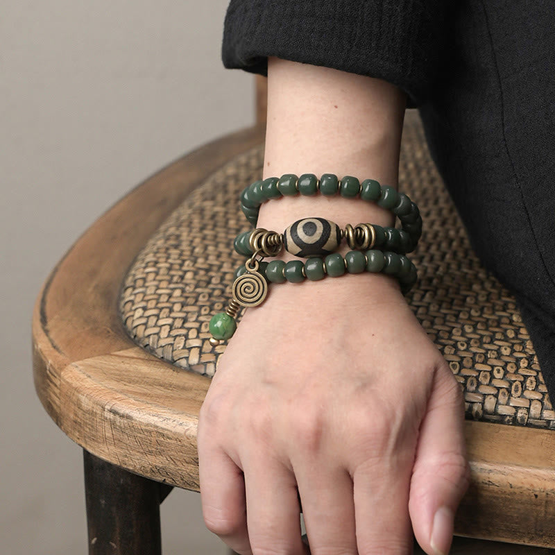 Bracelet triple tour en perles de Bodhi Dzi cyan avec perles de sagesse et de paix