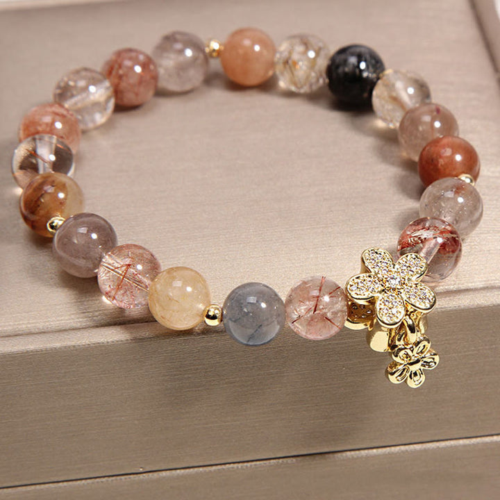 Bracelet fleur de protection de richesse en quartz rutile multicolore et citrine