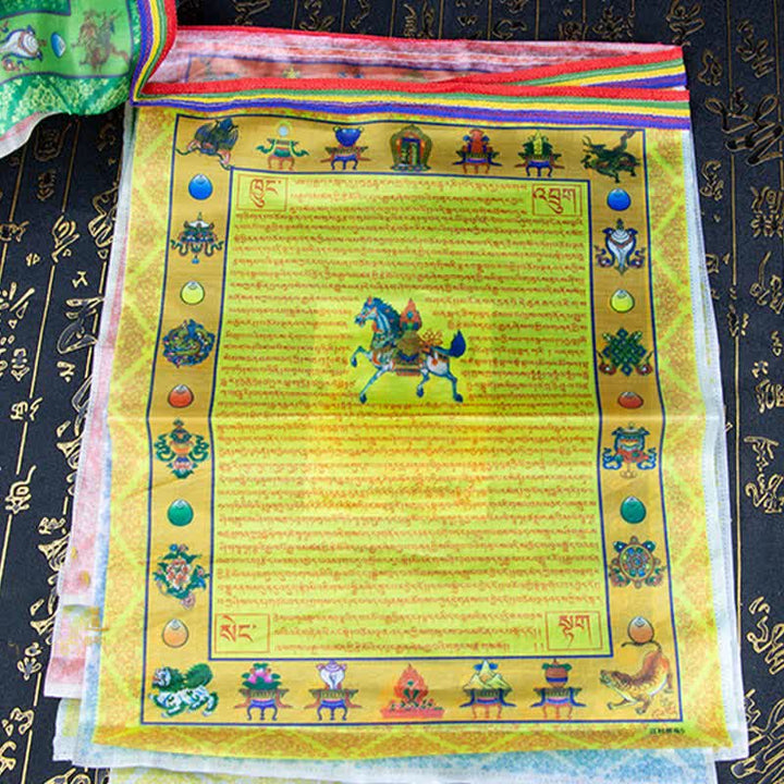 Buddha Stones Drapeau de prière extérieur tibétain à cinq couleurs représentant le Bouddha du Cheval de Vent et Tara, symbole de guérison et de bon augure - image 8
