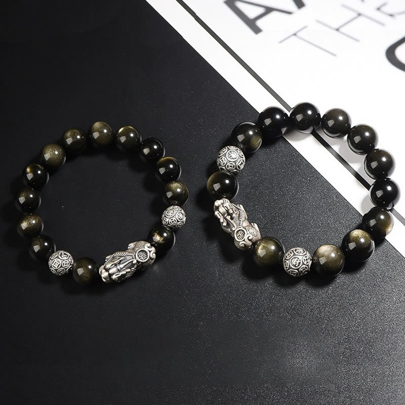 Bracelet de protection de richesse PiXiu en obsidienne naturelle dorée et argent sterling 925 Buddha Stones