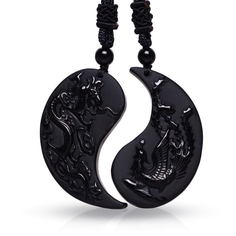Collier pendentif porte-bonheur en obsidienne noire avec Buddha Stones et dragon Yin Yang et phénix - image 1