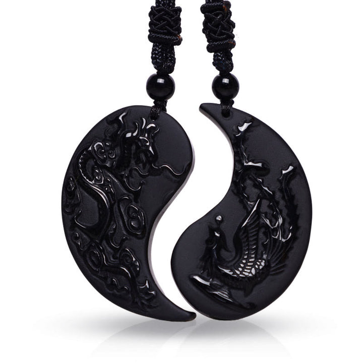 Collier pendentif porte-bonheur en obsidienne noire avec Buddha Stones et dragon Yin Yang et phénix - image 1