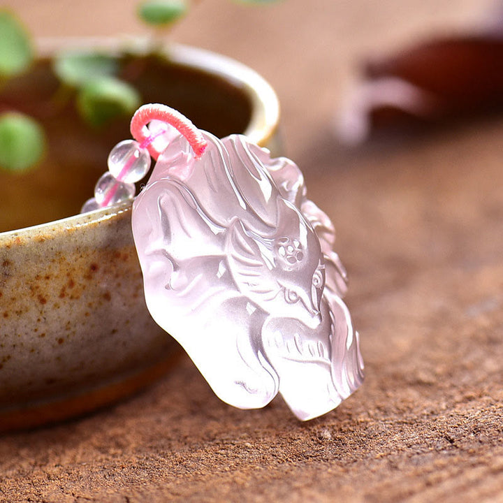 Collier pendentif renard à neuf queues en cristal rose naturel Buddha Stones