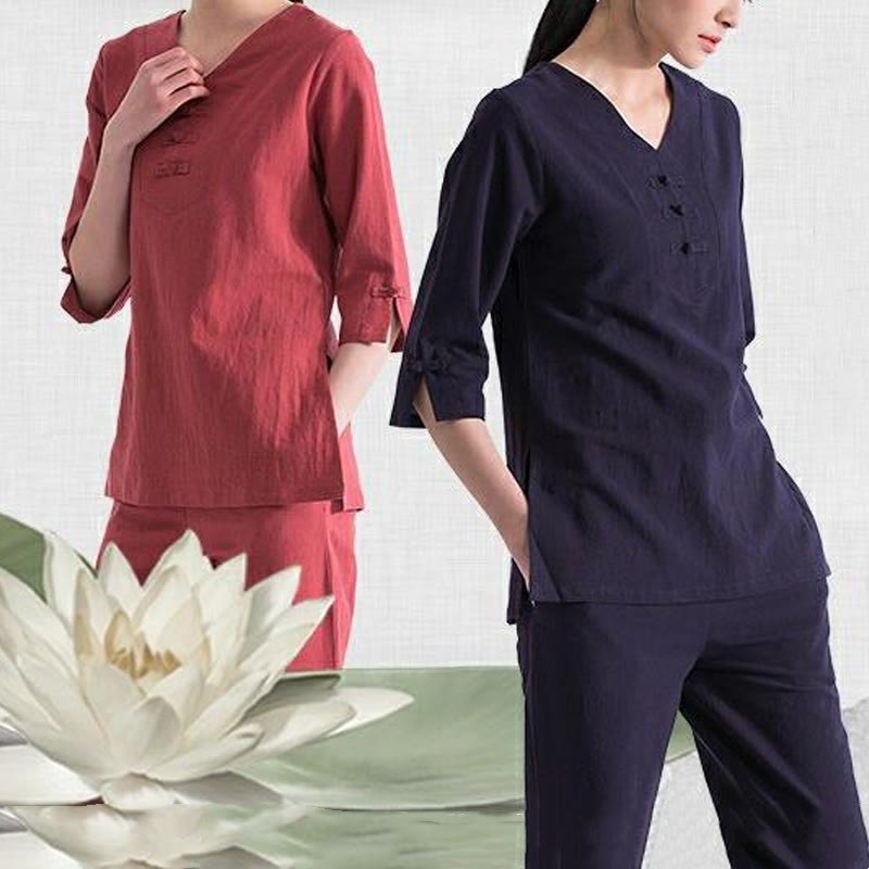 Ensemble de vêtements en coton et lin Buddha Stones , yoga, méditation, prière, col en V, pratique zen, pour femmes