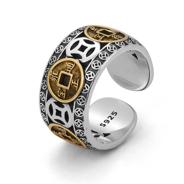 Bague ajustable en équilibre avec pièces des cinq empereurs Buddha Stones - Argent sterling 925 - image 0