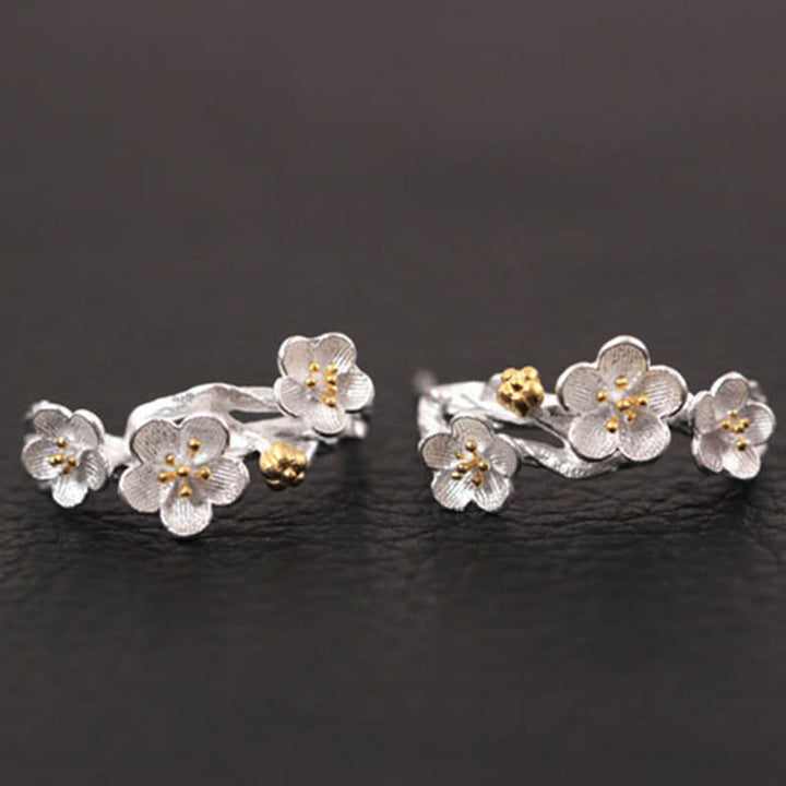 Boucles d'oreilles en argent sterling 925 Buddha Stones et fleurs de prunier