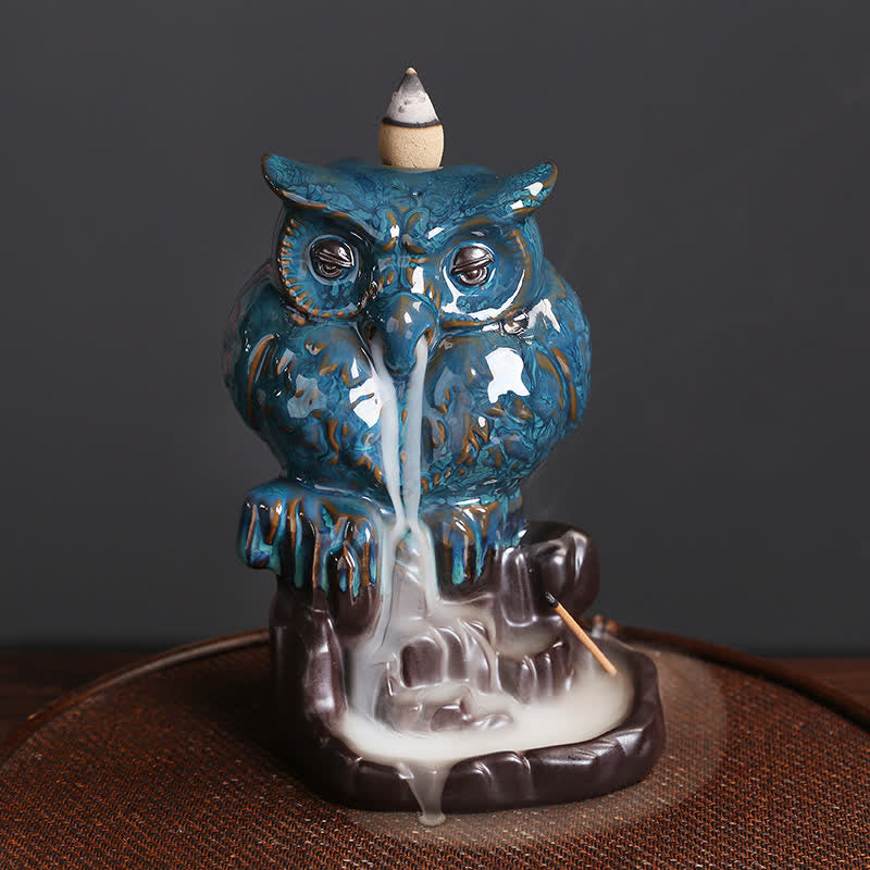 Buddha Stones Mignon Hibou Céramique Fontaine à Fumée à Refoulement Méditation Guérison Brûleur D'encens Décoration