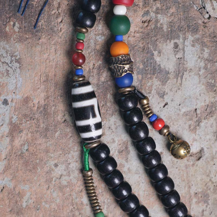 Buddha Stones Mala 108 perles en bois d'ébène et perles Dzi en cuivre avec pampilles et équilibre