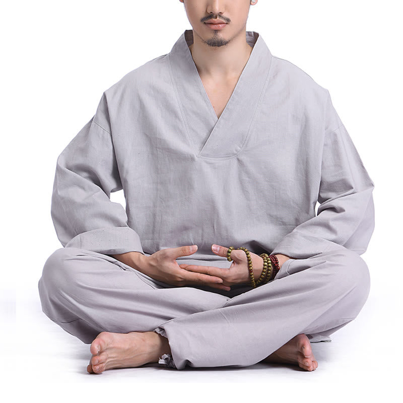 Ensemble de vêtements de yoga pour homme Buddha Stones, méditation, prière, col en V, coton et lin, pratique spirituelle zen - Gris - US/UK/AU44，EU54 (3XL) - image 10