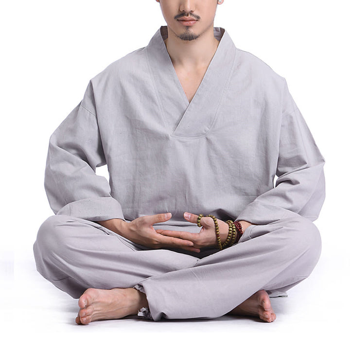 Ensemble de vêtements de yoga pour homme Buddha Stones, méditation, prière, col en V, coton et lin, pratique spirituelle zen - Gris - US/UK/AU44，EU54 (3XL) - image 10