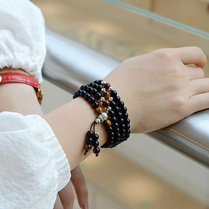 Bracelet Mala de bénédiction en obsidienne noire et œil de tigre Buddha Stones