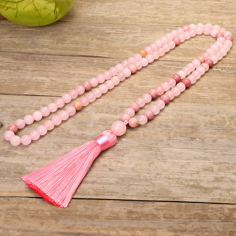 Bracelet Mala 108 perles en cristal rose avec pompon d'amour Buddha Stones