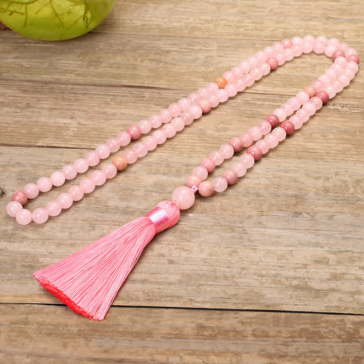 Bracelet Mala 108 perles en cristal rose avec pompon d'amour Buddha Stones