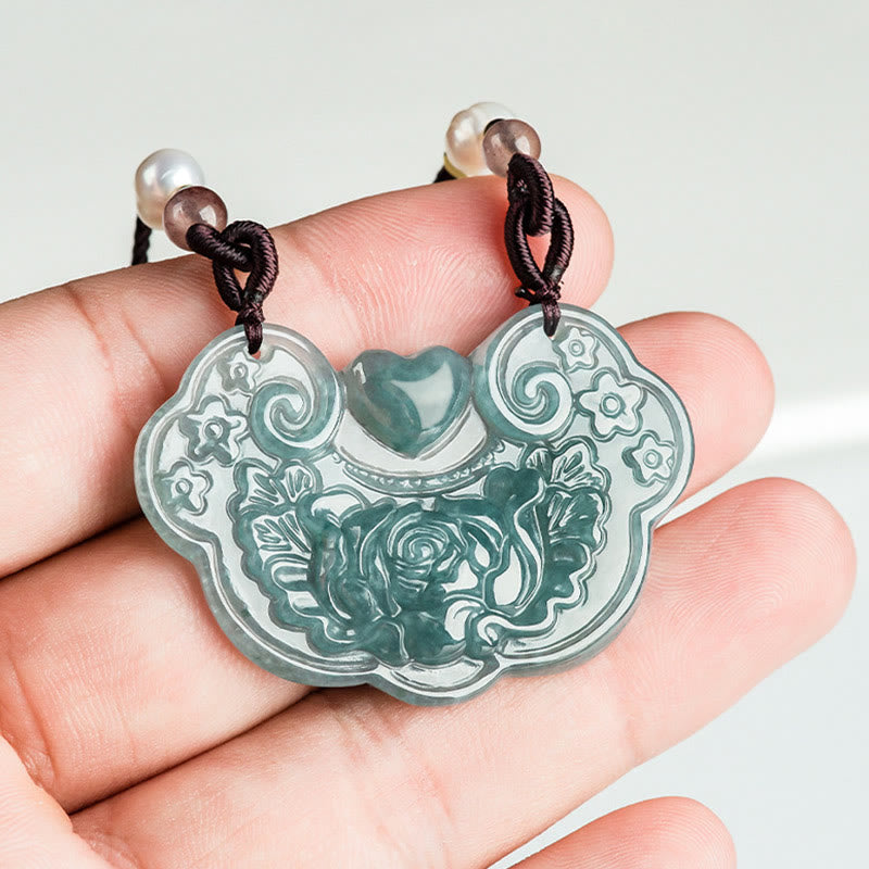 Collier pendentif fleur de pivoine en jade naturel de Buddha Stones Lock of Good Wishes Prosperity